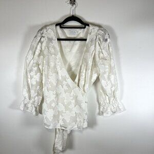 TANYA TAYLOR Top Womens‎ 6 White Sleeveless Wrap Shirt Tie Embroidered Floral